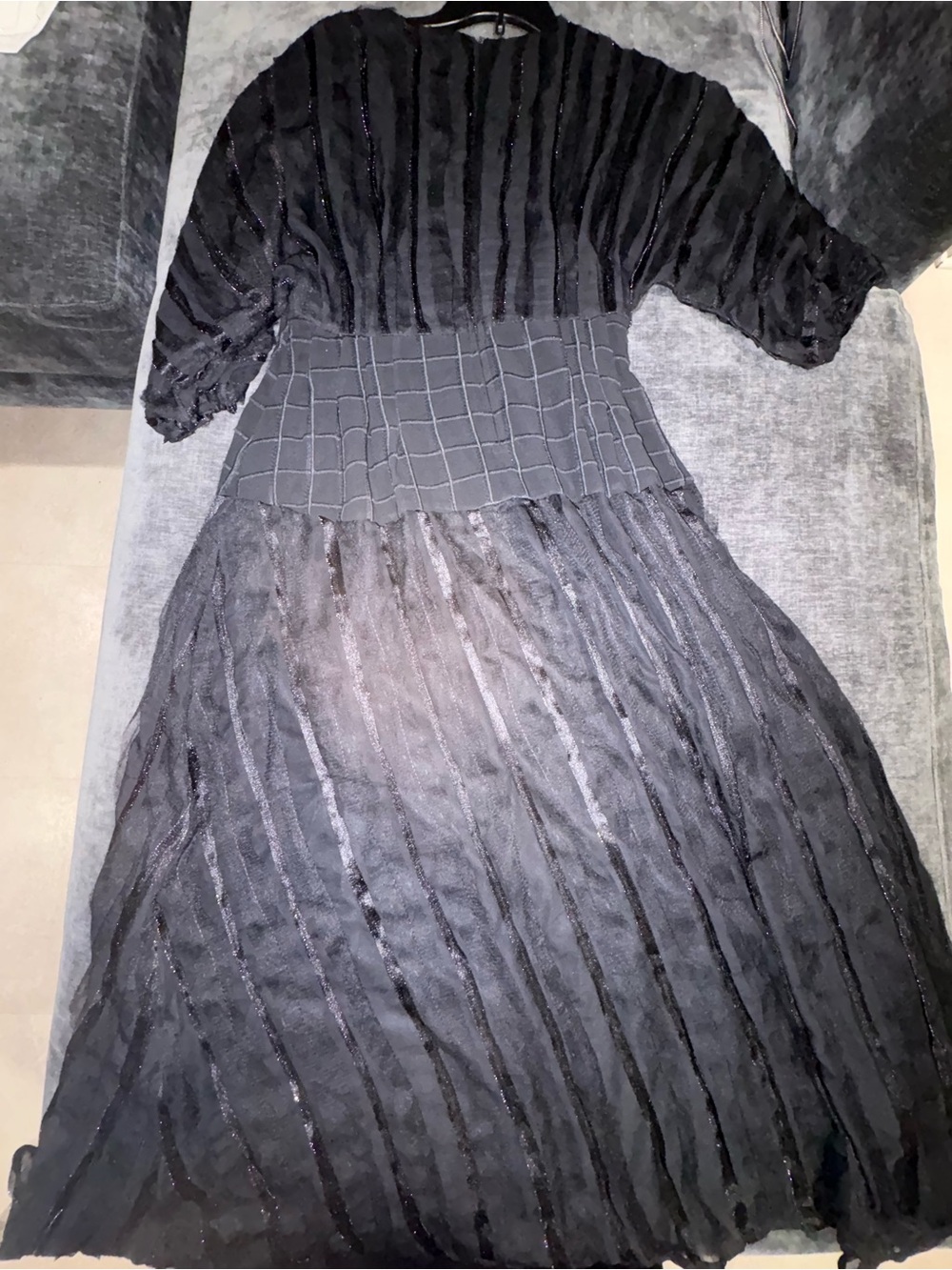 Black Long-Sleeve Textured Midi Dress with Fitted Waist